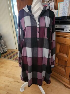 Reborn Plaid Hooded Tunic in Purples, Black and Gray